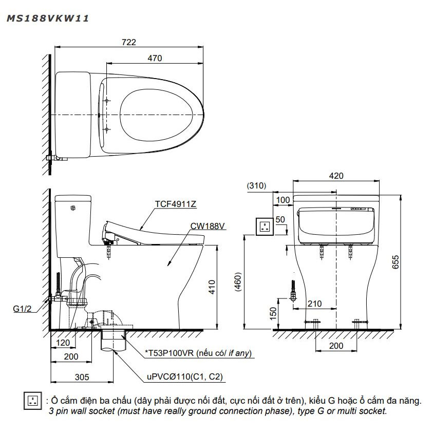 Bàn cầu 1 khối TOTO MS188VKW11#XW T53P100VR nắp điện tử Washlet S7 TCF4911Z