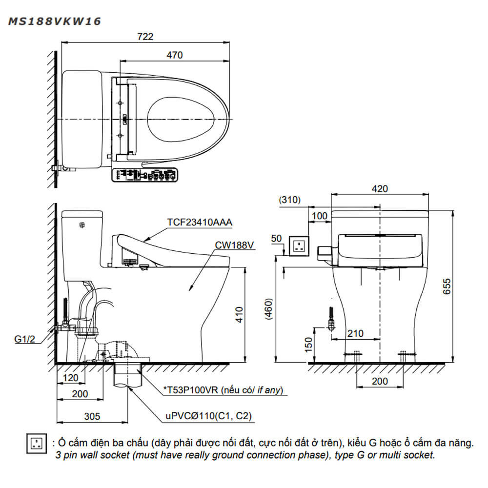 Bàn cầu 1 khối TOTO MS188VKW16 T53P100VR nắp điện tử Washlet C2 TCF23410AAA