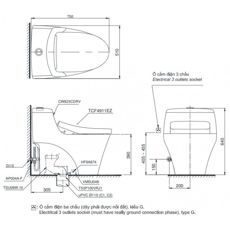 Bàn cầu 1 khối TOTO MS823CDRW12#XW nắp điện tử Washlet S7 TCF4911EZ giấu dây