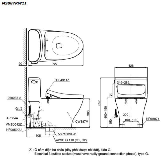 Bàn cầu 1 khối TOTO MS887RW11 nắp điện tử Washlet S7 TCF4911Z