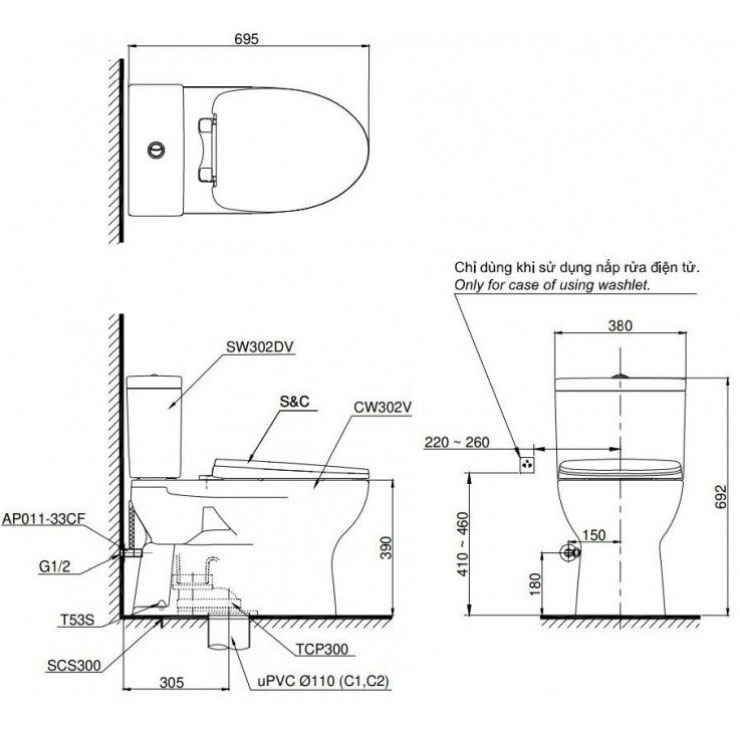 Bàn cầu 2 khối TOTO CS302DE4#XW nắp rửa cơ TCW1211A