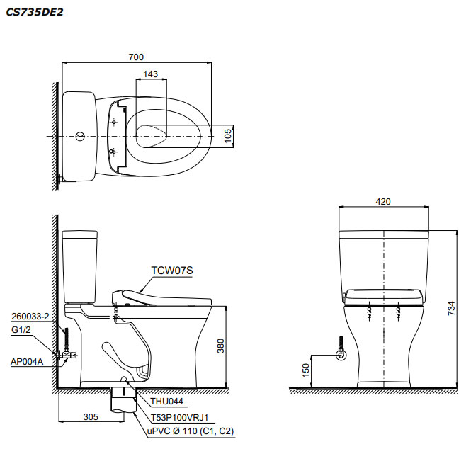 Bàn cầu 2 khối TOTO CS735DE2#XW nắp rửa cơ TCW07S