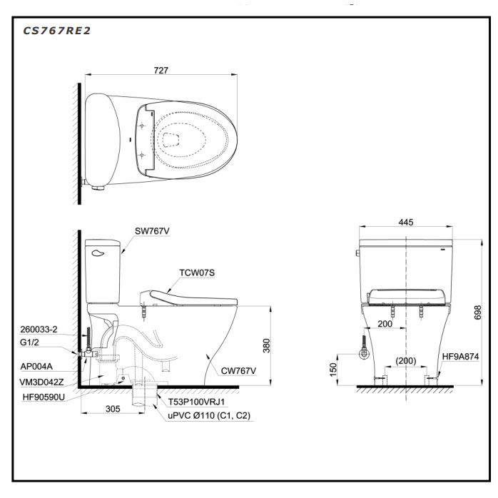 Bàn cầu 2 khối TOTO CS767RE2#XW nắp rửa cơ TCW07S