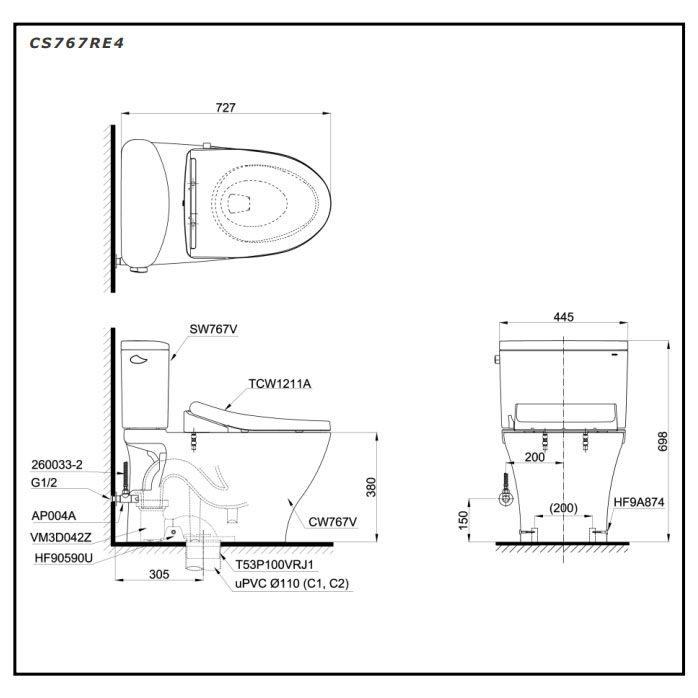 Bồn cầu 2 khối TOTO CS767RE4#XW nắp rửa cơ TCW1211A