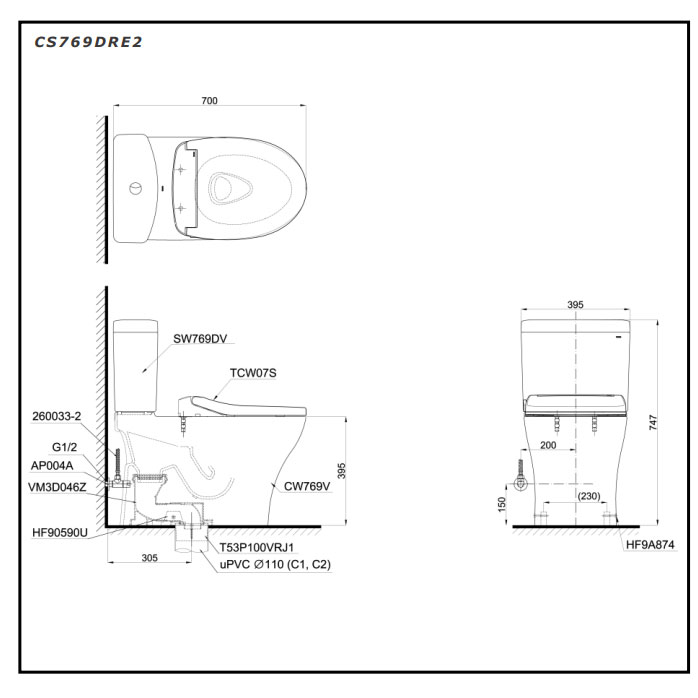 Bàn cầu 2 khối TOTO CS769DRE2#XW nắp rửa cơ TCW07S