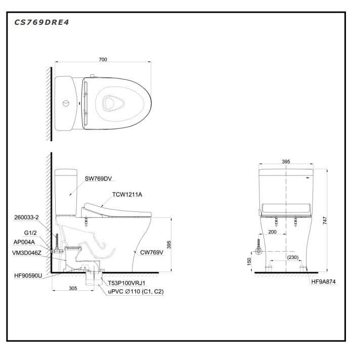 Bàn cầu 2 khối TOTO CS769DRE4#XW nắp rửa cơ TCW1211A