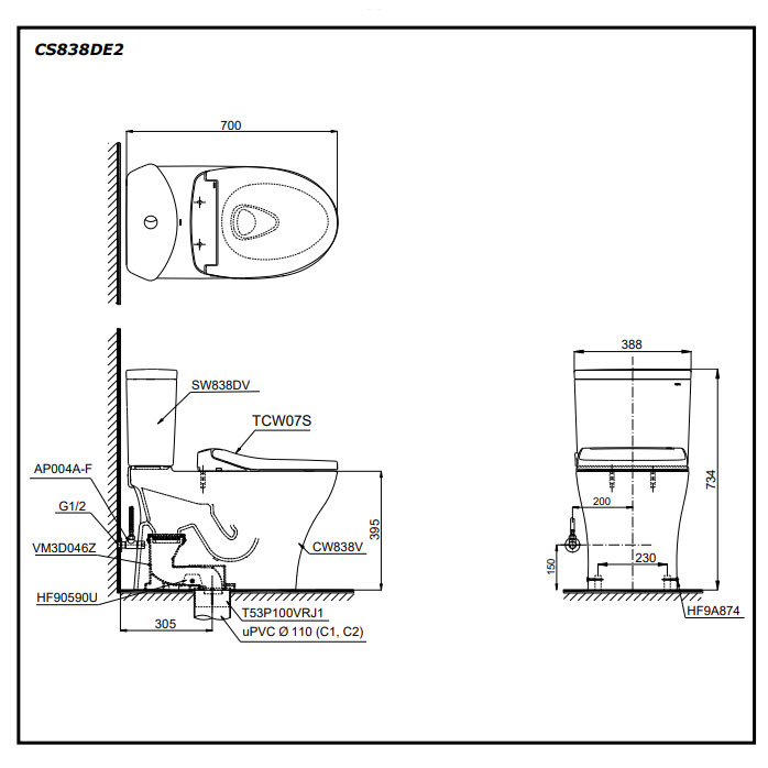 Bồn cầu 2 khối TOTO CS838DE2#XW nắp rửa cơ TCW07S