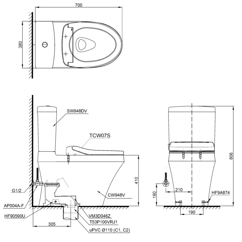 Bàn cầu 2 khối TOTO CS948DE2#XW nắp rửa cơ TCW07S