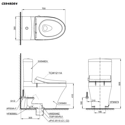 Bàn cầu 2 khối TOTO CS948DE4#XW nắp rửa cơ TCW1211A