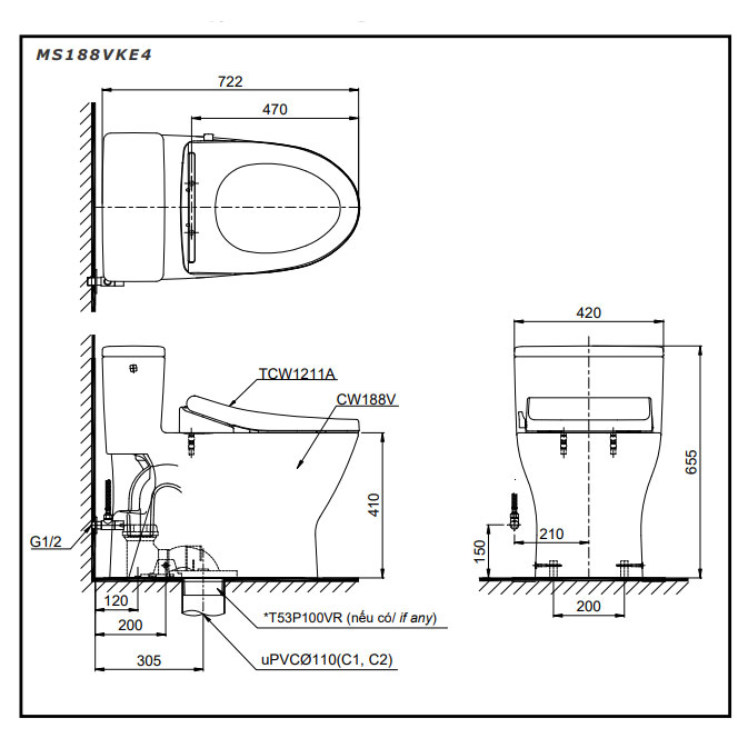Bồn cầu 1 khối TOTO MS188VKE4#XW