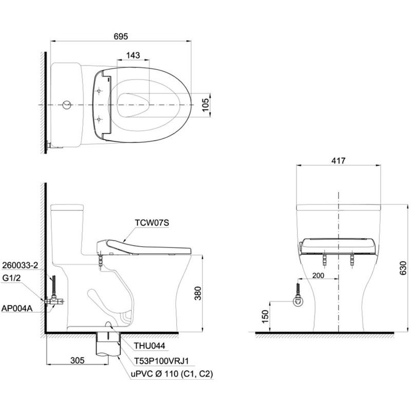 Bàn cầu 1 khối TOTO MS855DE2#XW nắp rửa cơ TCW07S
