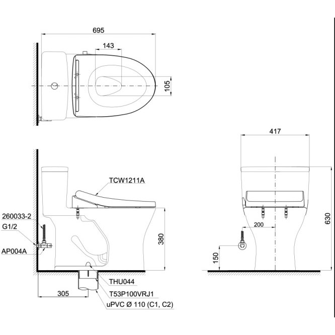 Bàn cầu 1 khối TOTO MS855DE4#XW nắp rửa cơ TCW1211A