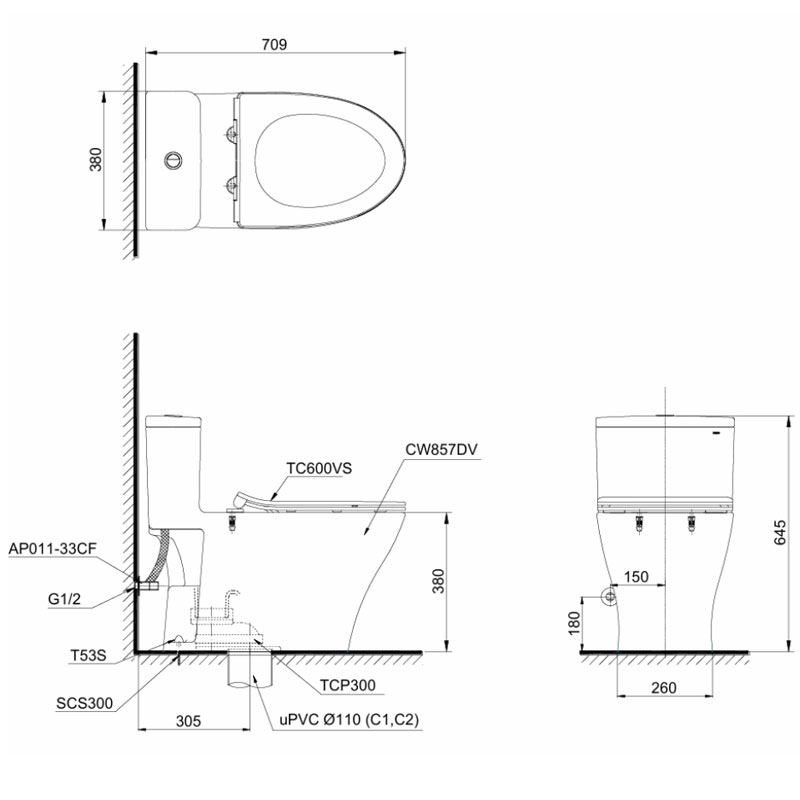 Bàn cầu 1 khối TOTO MS857DE4#XW nắp rửa cơ TCW1211A