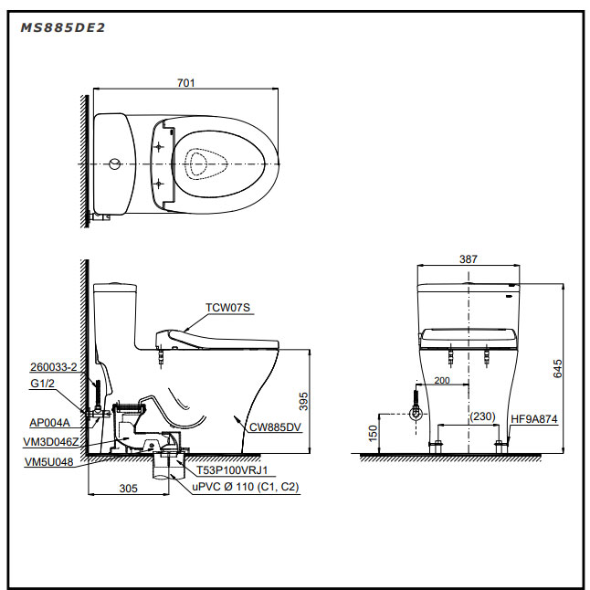 Bàn cầu 1 khối TOTO MS885DE2#XW nắp rửa cơ TCW07S