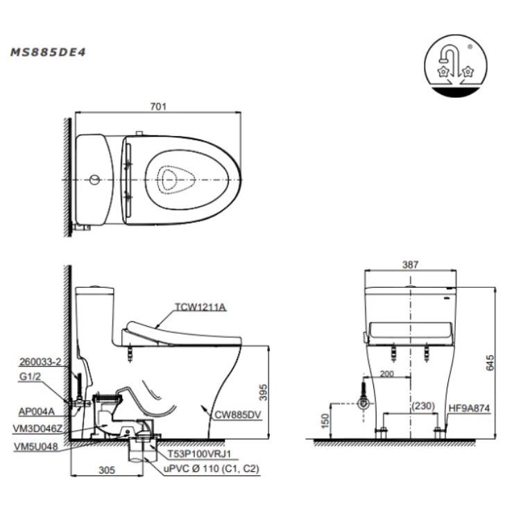 Bàn cầu 1 khối TOTO MS885DE4#XW nắp rửa cơ TCW1211A