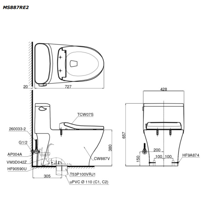 Bàn cầu 1 khối TOTO MS887RE2#XW nắp rửa cơ TCW07S