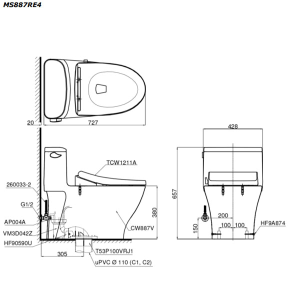 Bàn cầu 1 khối TOTO MS887RE4#XW nắp rửa cơ TCW1211A