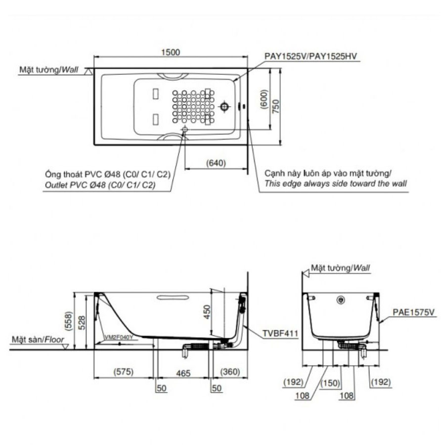 Bồn tắm yếm TOTO PAY1525HVC#W nhựa 1m5 tay vịn