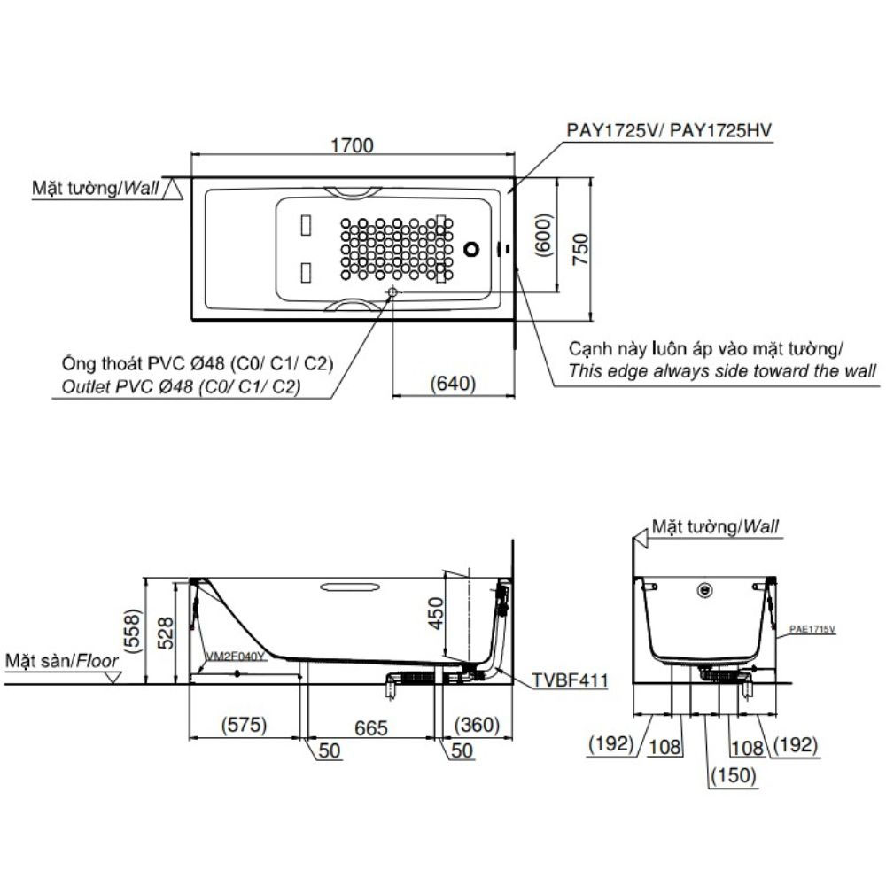 Bồn tắm yếm TOTO PAY1725HVC#W nhựa 1m7 tay vịn