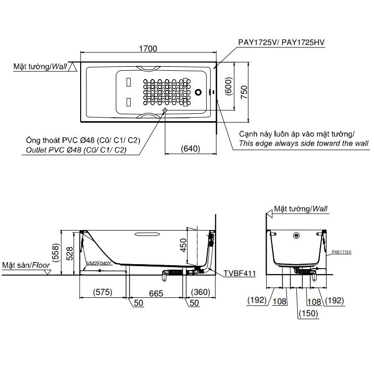 Bồn tắm yếm TOTO PAY1725VC#W nhựa 1m7
