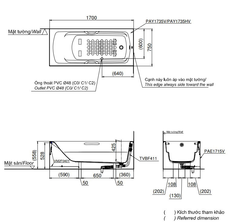 Bồn tắm yếm TOTO PAY1735HVC#W nhựa 1m7 tay vịn