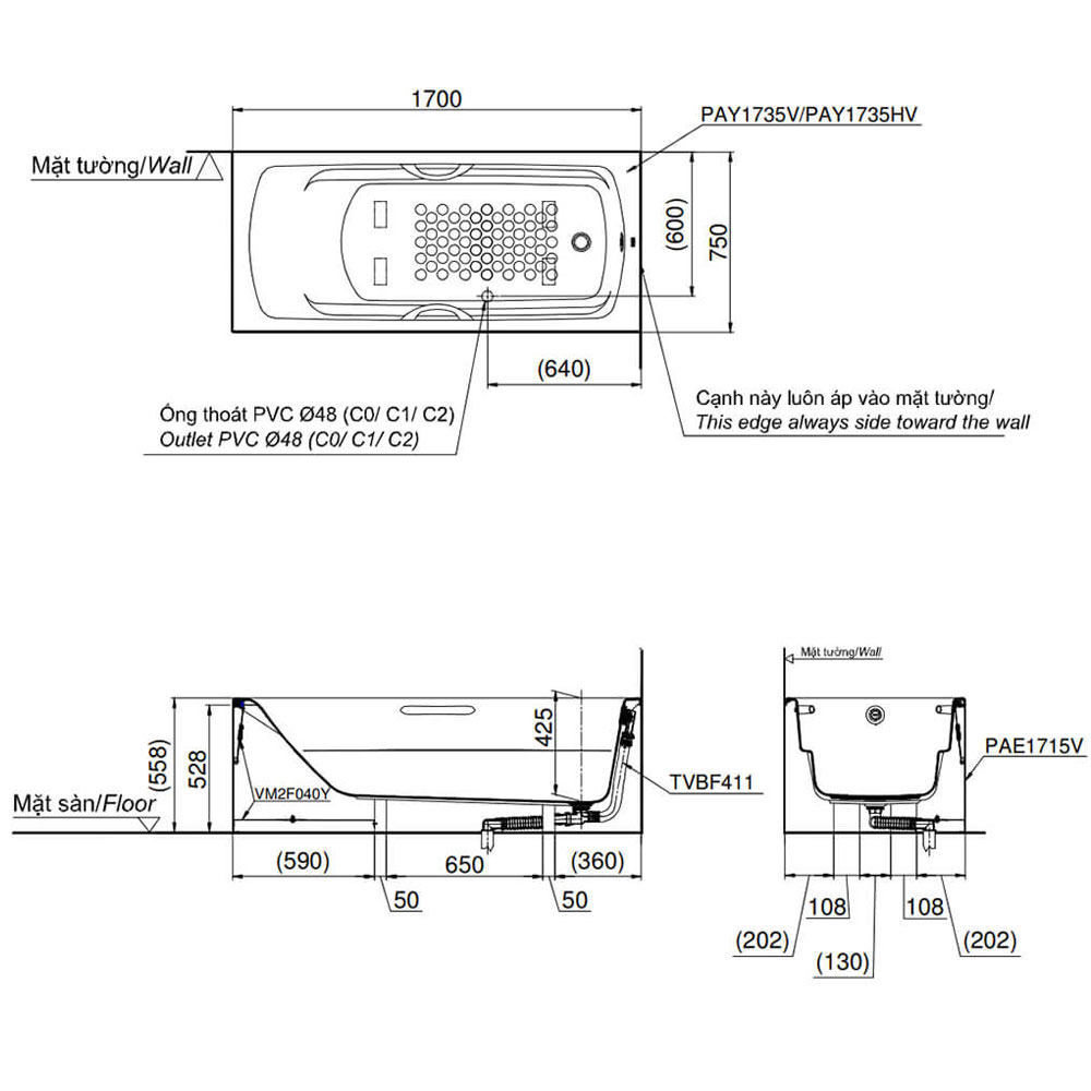 Bồn tắm yếm TOTO PAY1735VC#W nhựa 1m7