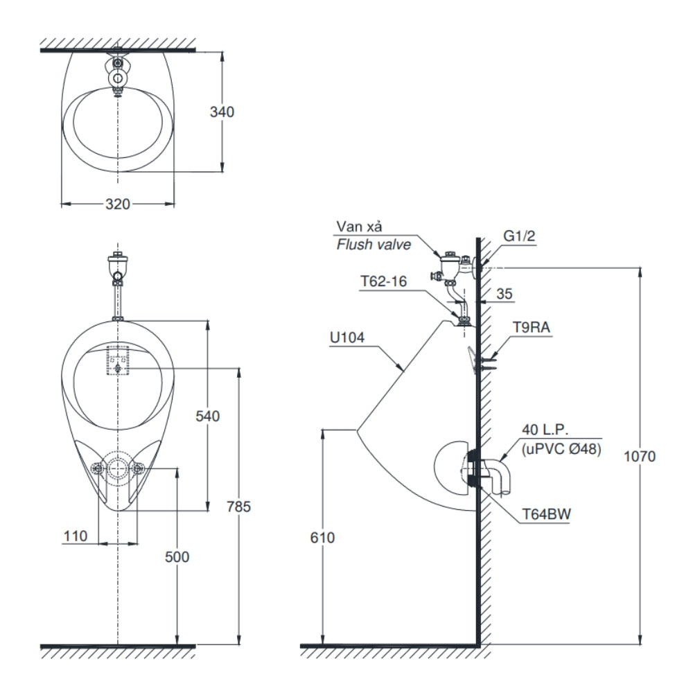 Bồn tiểu nam TOTO U104W/F#W treo tường