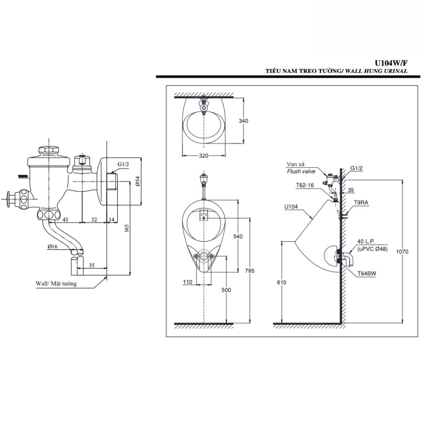 Bồn tiểu nam TOTO U104W/F#W DU601SRR treo tường kèm van xả nhấn