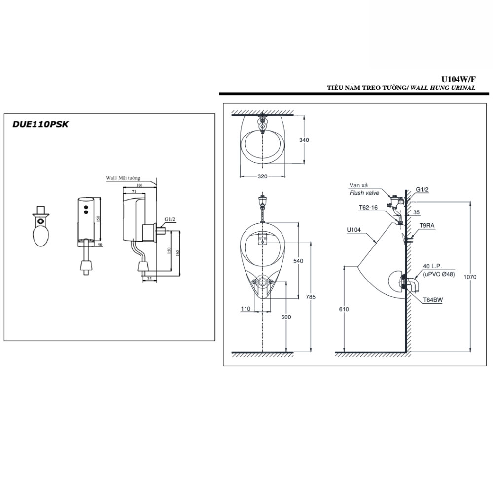 Bồn tiểu nam TOTO U104W/F#W DUE110PSK treo tường kèm van cảm ứng