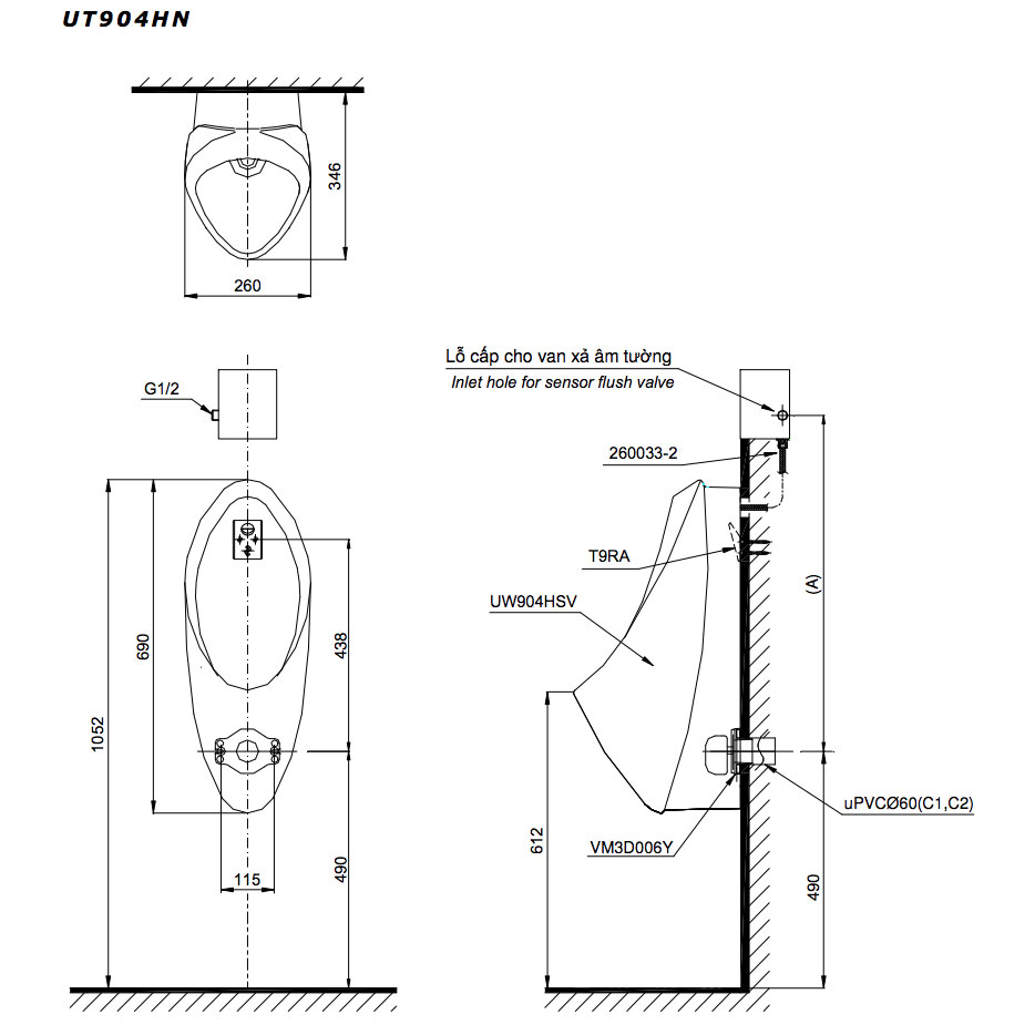 Bồn tiểu nam TOTO UT904HN#XW treo tường xả 2L đường cấp nước phía sau
