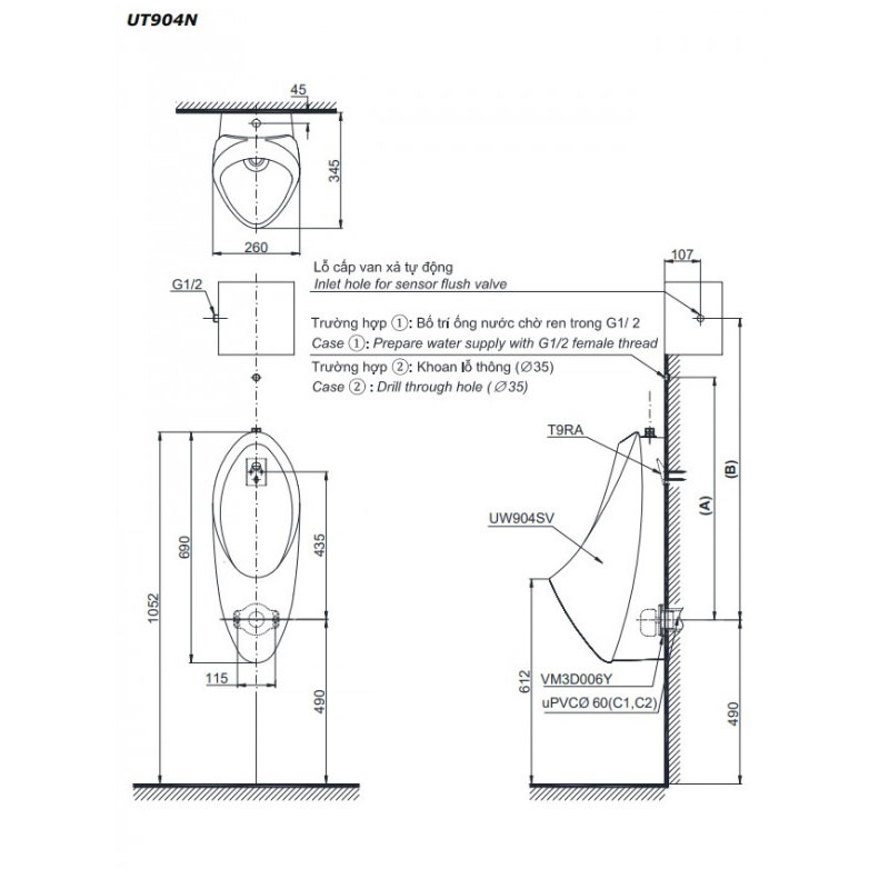 Bồn tiểu nam TOTO UT904N#XW treo tường xả 2L đường cấp nước trên