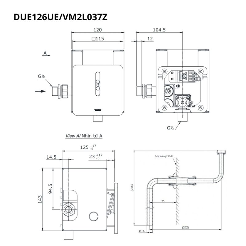 Van xả tiểu TOTO DUE126UEA VM2L037Z cảm ứng dùng điện kèm ống nối