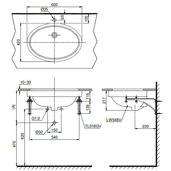 Chậu rửa mặt lavabo âm bàn TOTO LT548#XW