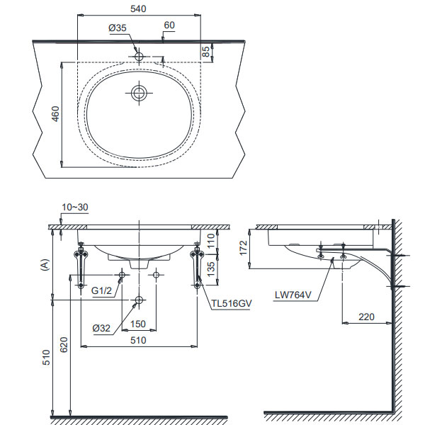 Chậu rửa mặt lavabo âm bàn TOTO LT764#XW