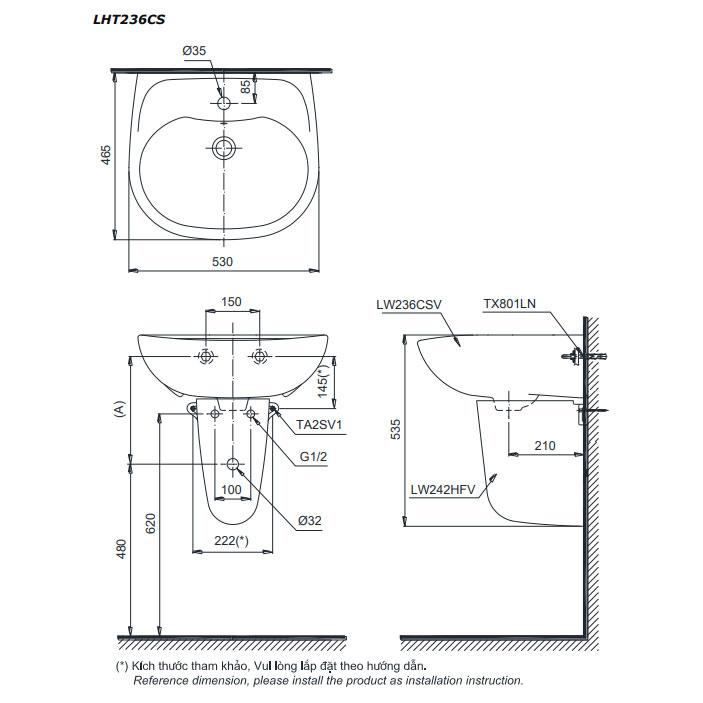 Chậu lavabo treo tường TOTO LHT236CS#W chân lửng