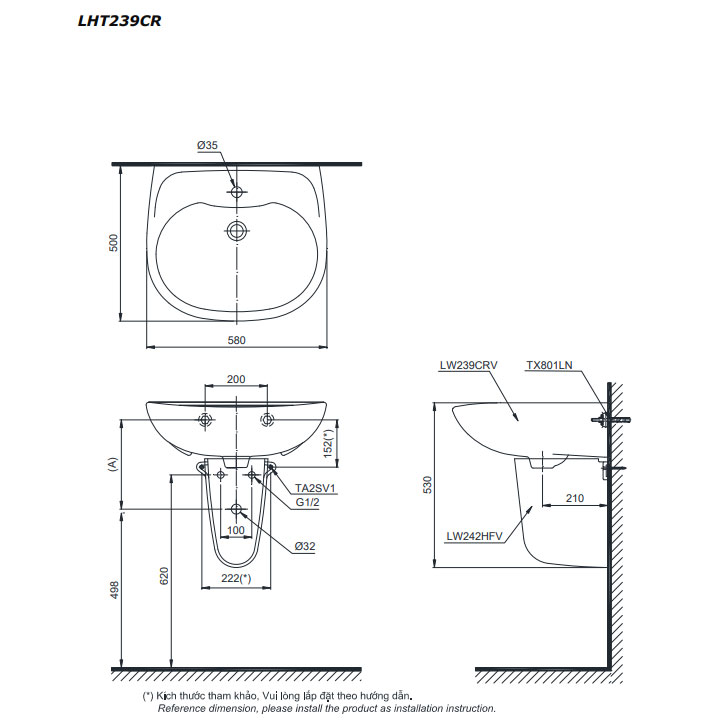 Chậu lavabo treo tường TOTO LHT239CR#W chân lửng
