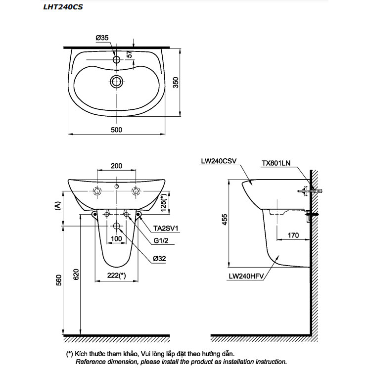 Chậu lavabo treo tường TOTO LHT240CS#W chân lửng