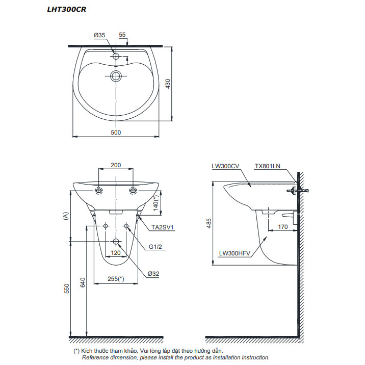 Chậu lavabo treo tường TOTO LHT300CR#W chân lửng