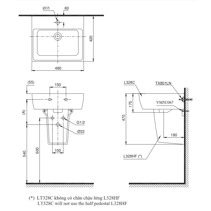 Chậu lavabo treo tường TOTO LHT328C#XW chân lửng