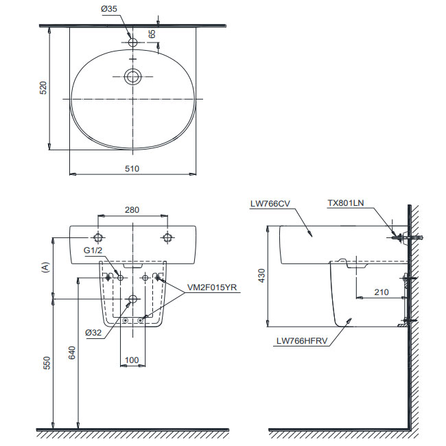 Chậu lavabo treo tường TOTO LHT766CR#XW chân lửng