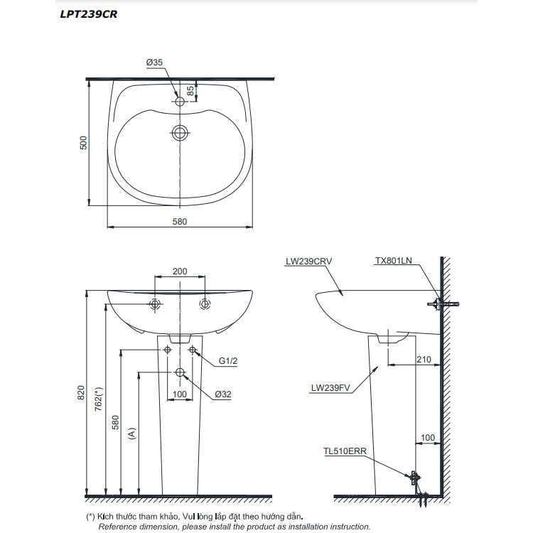 Chậu lavabo treo tường TOTO LPT239CR#W chân dài