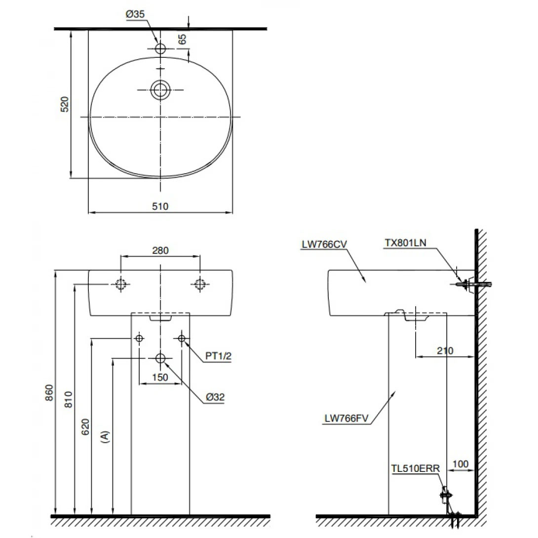 Chậu lavabo treo tường TOTO LPT766C#XW chân dài