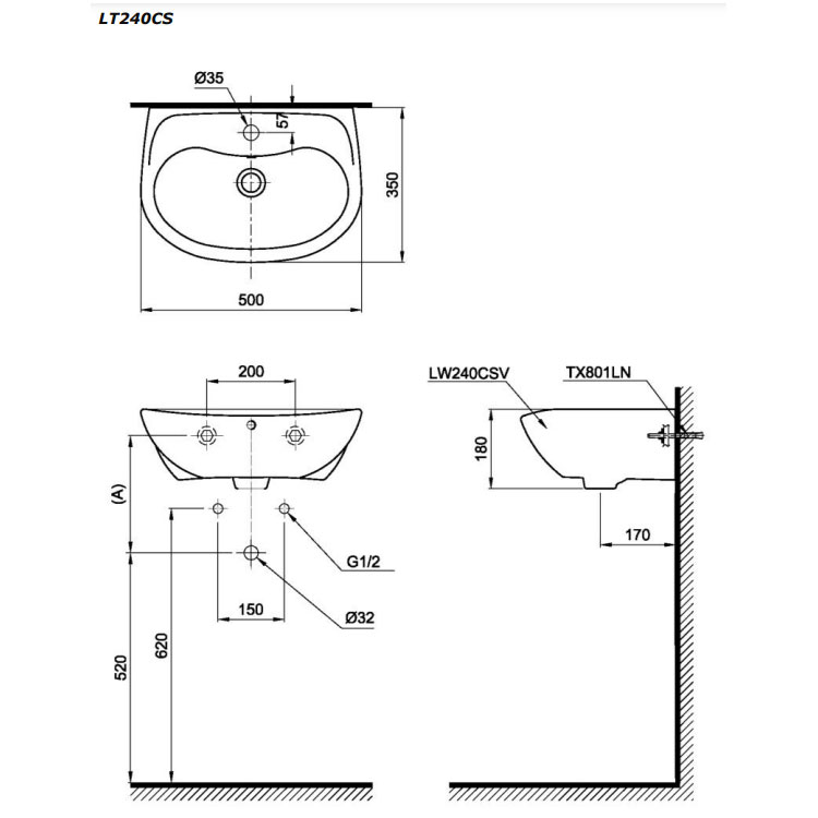 Chậu lavabo treo tường TOTO LT240CS#W