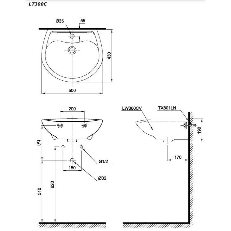 Chậu lavabo treo tường TOTO LT300C#W
