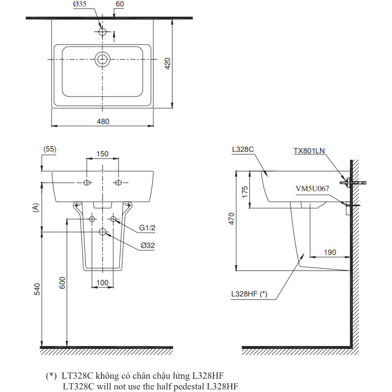 Chậu lavabo treo tường TOTO LT328C#XW