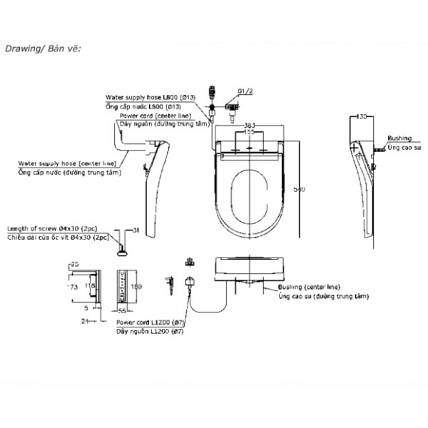 Nắp bồn cầu thông minh Washlet S5 TOTO TCF34570GAA dành cho bồn cầu giấu dây
