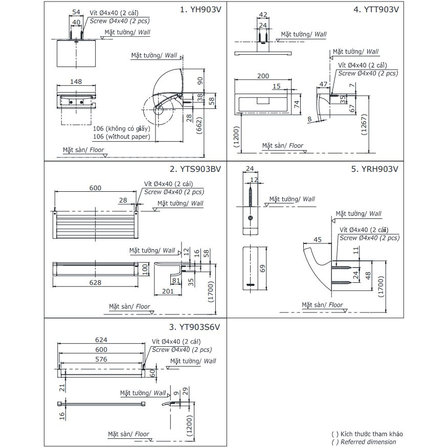 Bộ phụ kiện nhà tắm TOTO YS903N5V (5 món, vuông, G Series)