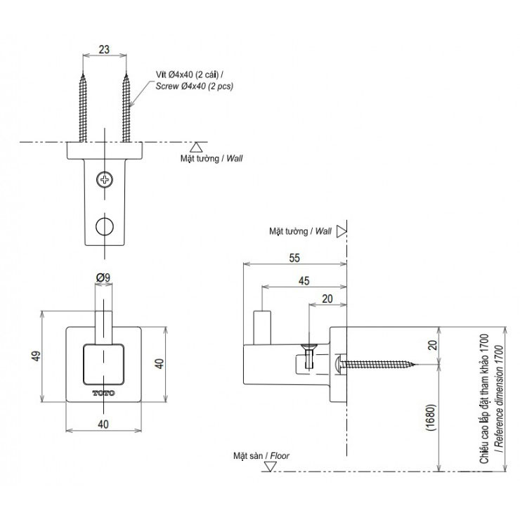 Móc áo L vuông TOTO YRH408V
