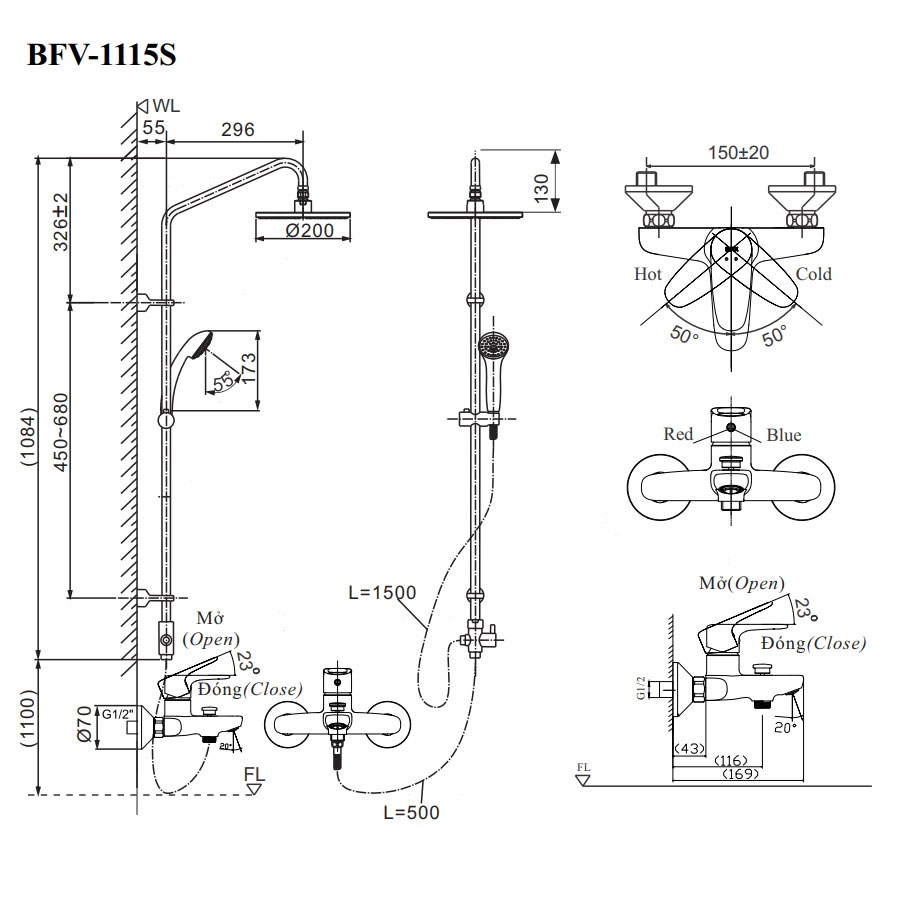 Bộ sen tắm cây nóng lạnh INAX BFV-1115S-3C (BFV1115S3C)