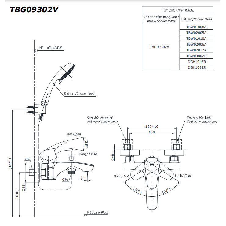 Bộ sen tắm nóng lạnh TOTO TBG09302VA TBW02006A (3 chế độ)